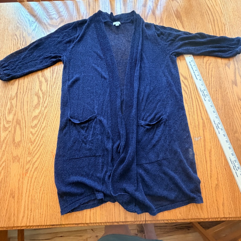J Jill Open Front Open Knit Cardigan Women L Navy Linen Blend Lightweight Beachy